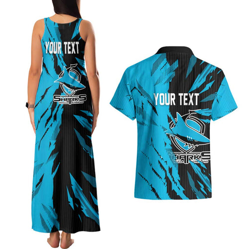 Personalized Cronulla Sharks Couples Matching Tank Maxi Dress and Hawaiian Shirt Dynamic Lightning Mascot Rugby Australia