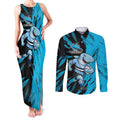 Personalized Cronulla Sharks Couples Matching Tank Maxi Dress and Long Sleeve Button Shirt Dynamic Lightning Mascot Rugby Australia