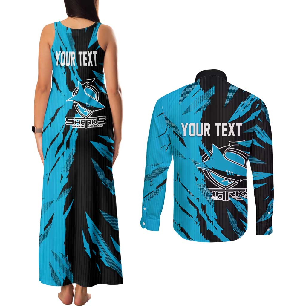 Personalized Cronulla Sharks Couples Matching Tank Maxi Dress and Long Sleeve Button Shirt Dynamic Lightning Mascot Rugby Australia