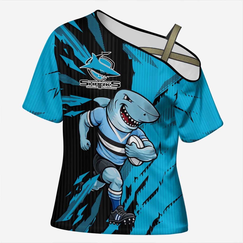 Personalized Cronulla Sharks Cross Shoulder Shirt Dynamic Lightning Mascot Rugby Australia
