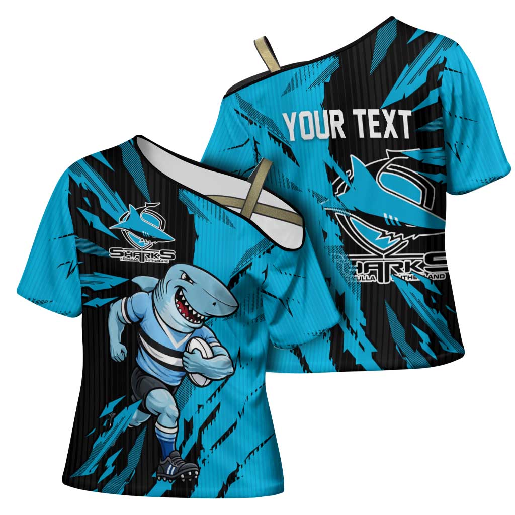 Personalized Cronulla Sharks Cross Shoulder Shirt Dynamic Lightning Mascot Rugby Australia