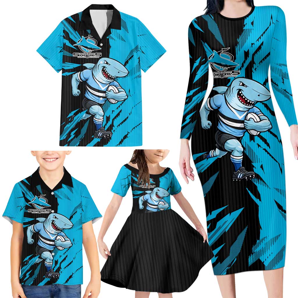 Personalized Cronulla Sharks Family Matching Long Sleeve Bodycon Dress and Hawaiian Shirt Dynamic Lightning Mascot Rugby Australia
