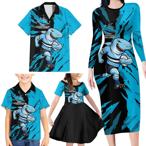 Personalized Cronulla Sharks Family Matching Long Sleeve Bodycon Dress and Hawaiian Shirt Dynamic Lightning Mascot Rugby Australia
