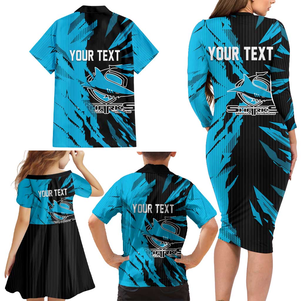 Personalized Cronulla Sharks Family Matching Long Sleeve Bodycon Dress and Hawaiian Shirt Dynamic Lightning Mascot Rugby Australia