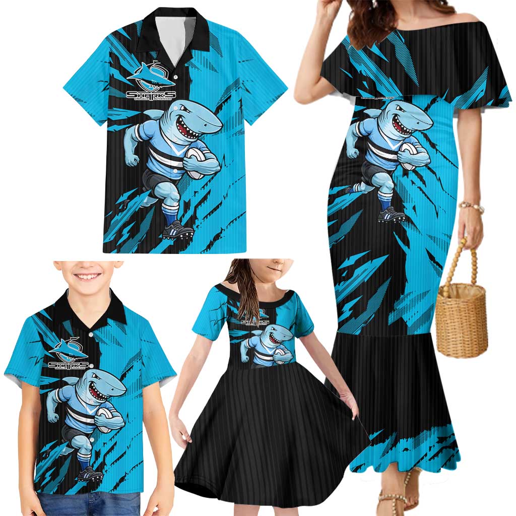 Personalized Cronulla Sharks Family Matching Mermaid Dress and Hawaiian Shirt Dynamic Lightning Mascot Rugby Australia