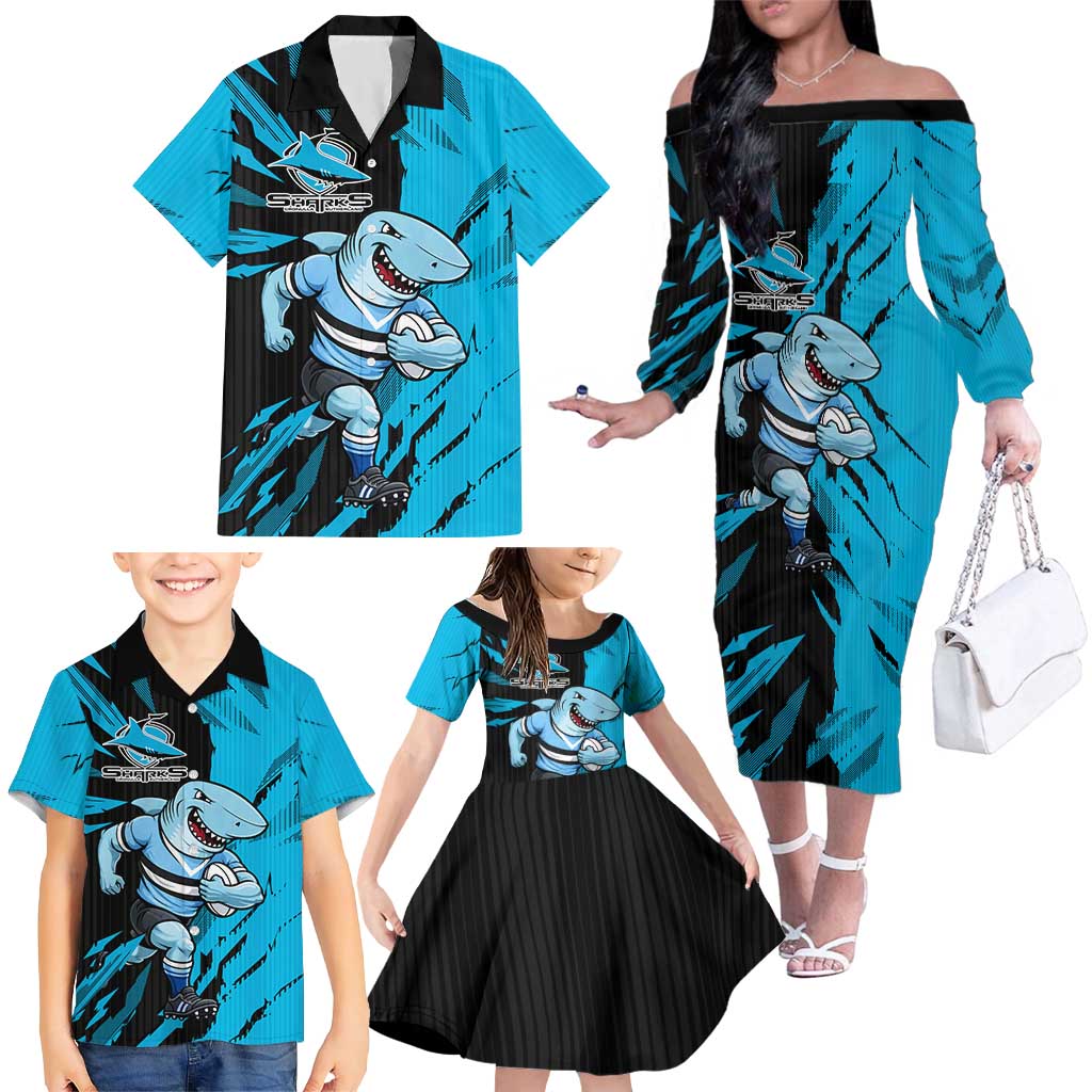 Personalized Cronulla Sharks Family Matching Off The Shoulder Long Sleeve Dress and Hawaiian Shirt Dynamic Lightning Mascot Rugby Australia