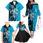 Personalized Cronulla Sharks Family Matching Off The Shoulder Long Sleeve Dress and Hawaiian Shirt Dynamic Lightning Mascot Rugby Australia
