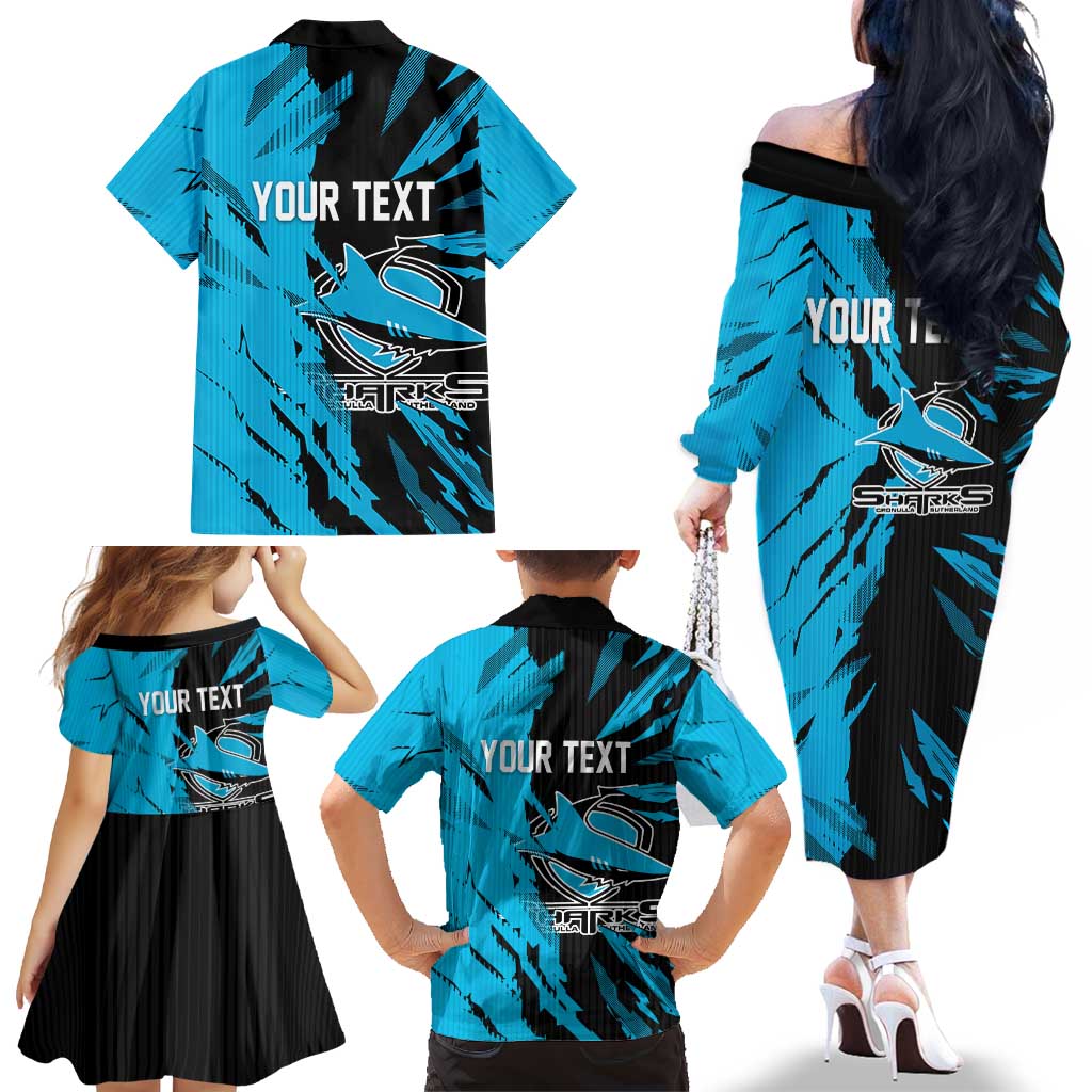 Personalized Cronulla Sharks Family Matching Off The Shoulder Long Sleeve Dress and Hawaiian Shirt Dynamic Lightning Mascot Rugby Australia