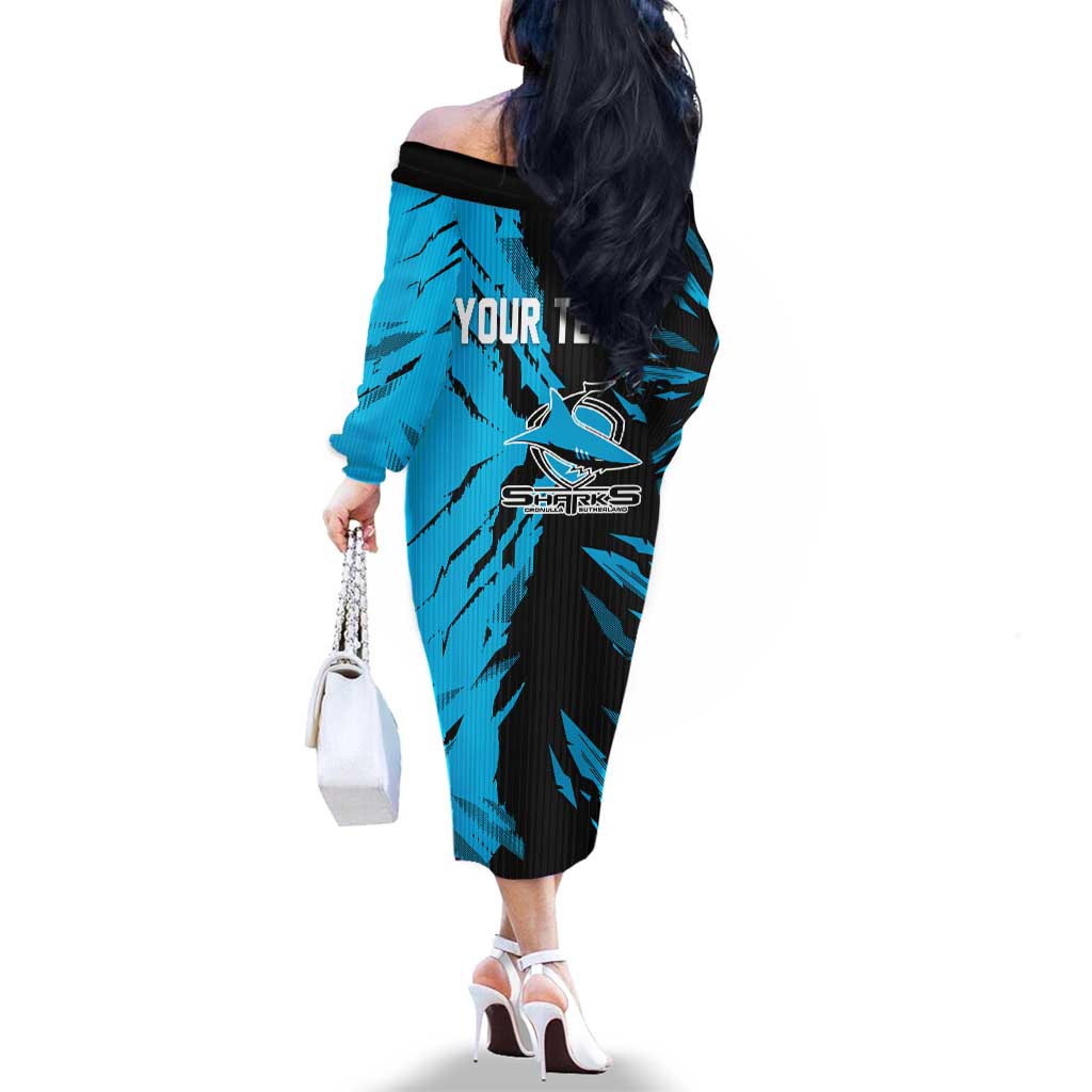 Personalized Cronulla Sharks Family Matching Off The Shoulder Long Sleeve Dress and Hawaiian Shirt Dynamic Lightning Mascot Rugby Australia