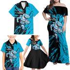 Personalized Cronulla Sharks Family Matching Off Shoulder Maxi Dress and Hawaiian Shirt Dynamic Lightning Mascot Rugby Australia