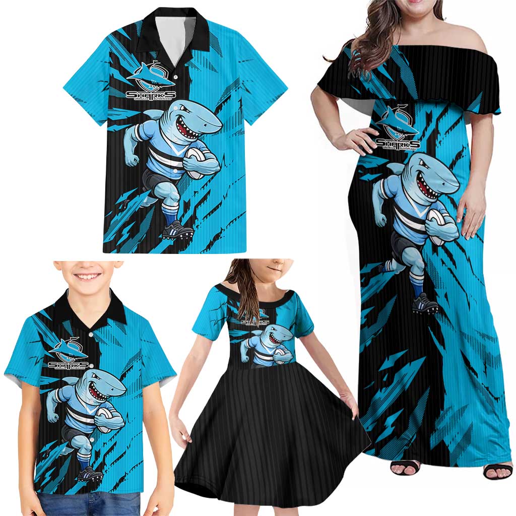 Personalized Cronulla Sharks Family Matching Off Shoulder Maxi Dress and Hawaiian Shirt Dynamic Lightning Mascot Rugby Australia