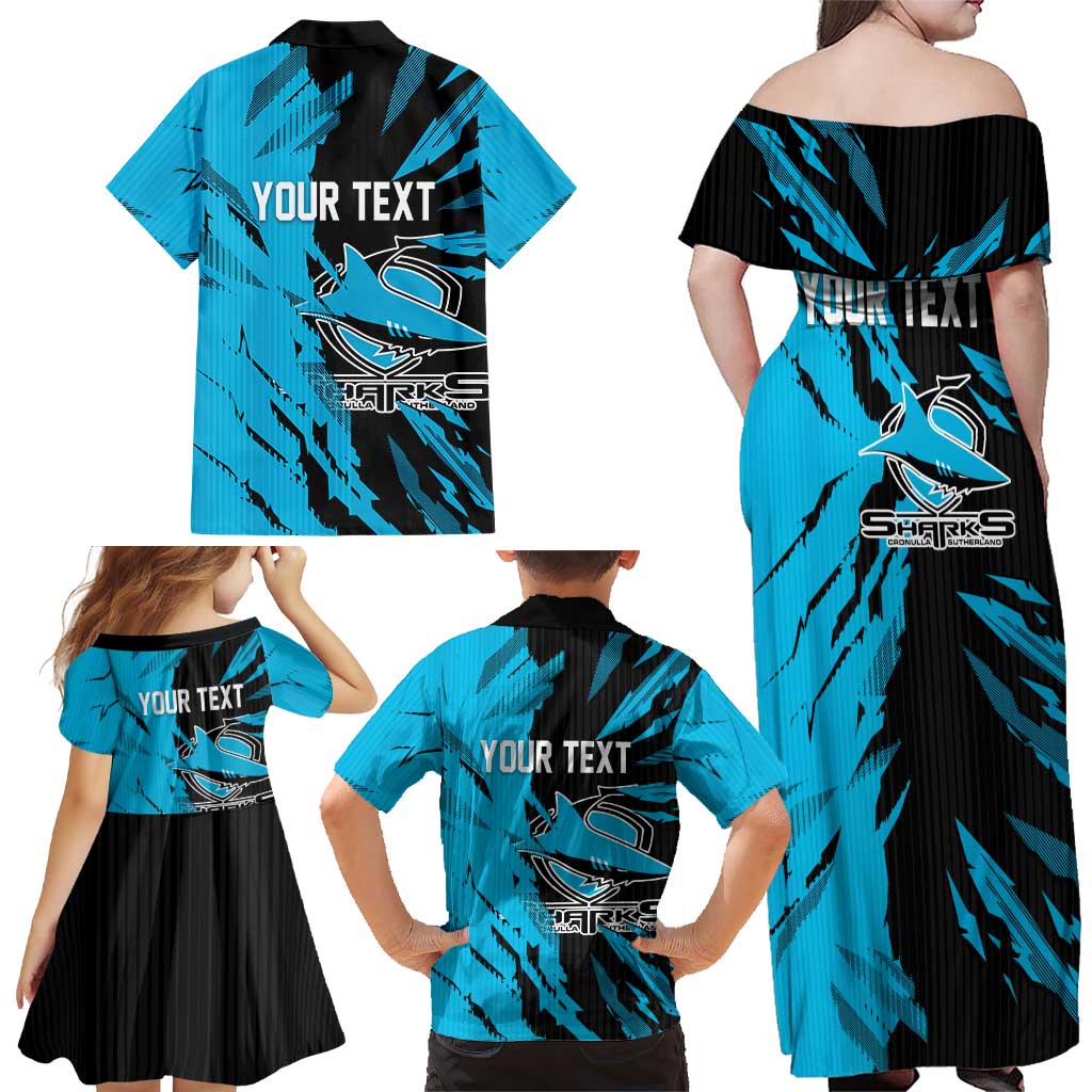 Personalized Cronulla Sharks Family Matching Off Shoulder Maxi Dress and Hawaiian Shirt Dynamic Lightning Mascot Rugby Australia