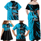 Personalized Cronulla Sharks Family Matching Off Shoulder Maxi Dress and Hawaiian Shirt Dynamic Lightning Mascot Rugby Australia