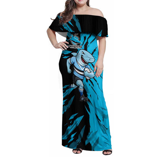 Personalized Cronulla Sharks Family Matching Off Shoulder Maxi Dress and Hawaiian Shirt Dynamic Lightning Mascot Rugby Australia