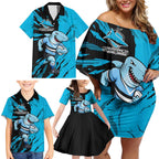 Personalized Cronulla Sharks Family Matching Off Shoulder Short Dress and Hawaiian Shirt Dynamic Lightning Mascot Rugby Australia