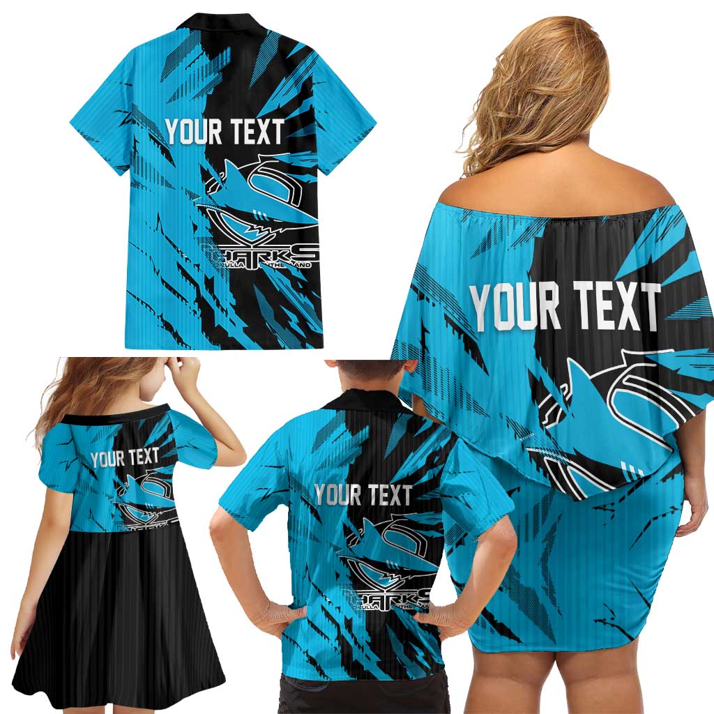 Personalized Cronulla Sharks Family Matching Off Shoulder Short Dress and Hawaiian Shirt Dynamic Lightning Mascot Rugby Australia