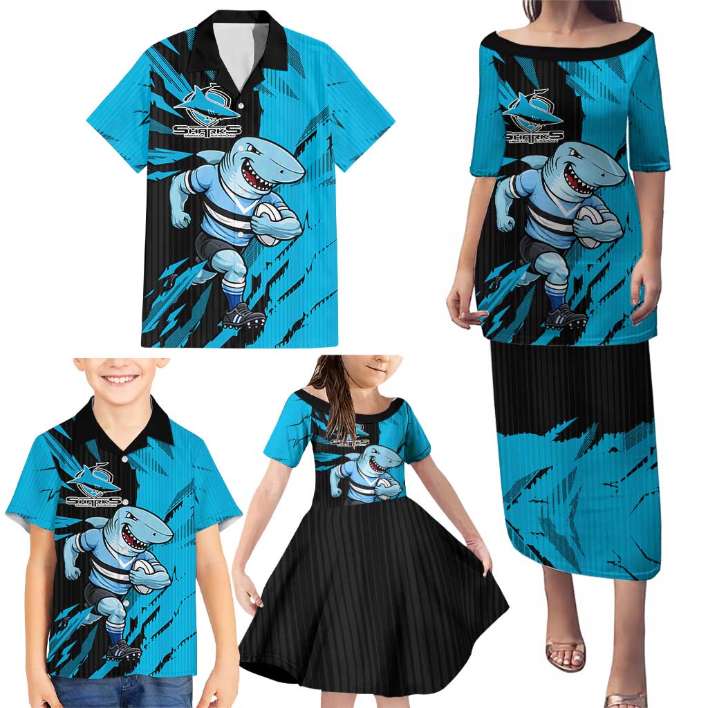 Personalized Cronulla Sharks Family Matching Puletasi and Hawaiian Shirt Dynamic Lightning Mascot Rugby Australia