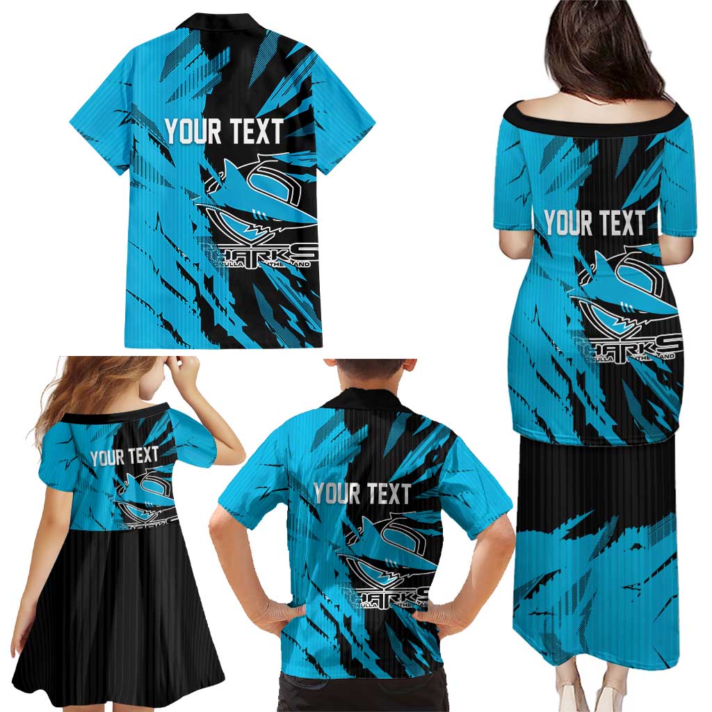 Personalized Cronulla Sharks Family Matching Puletasi and Hawaiian Shirt Dynamic Lightning Mascot Rugby Australia