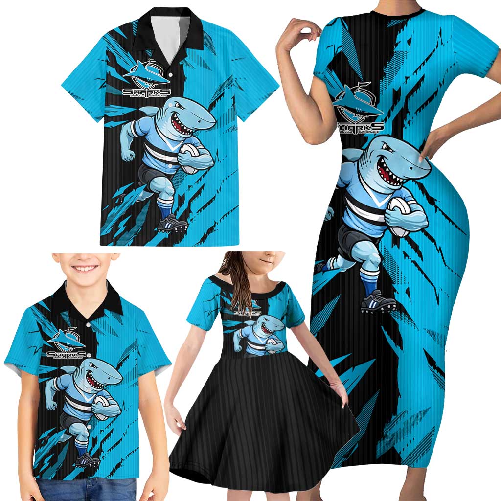 Personalized Cronulla Sharks Family Matching Short Sleeve Bodycon Dress and Hawaiian Shirt Dynamic Lightning Mascot Rugby Australia