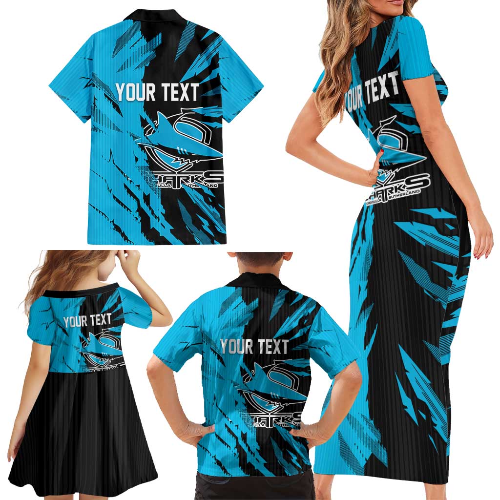 Personalized Cronulla Sharks Family Matching Short Sleeve Bodycon Dress and Hawaiian Shirt Dynamic Lightning Mascot Rugby Australia
