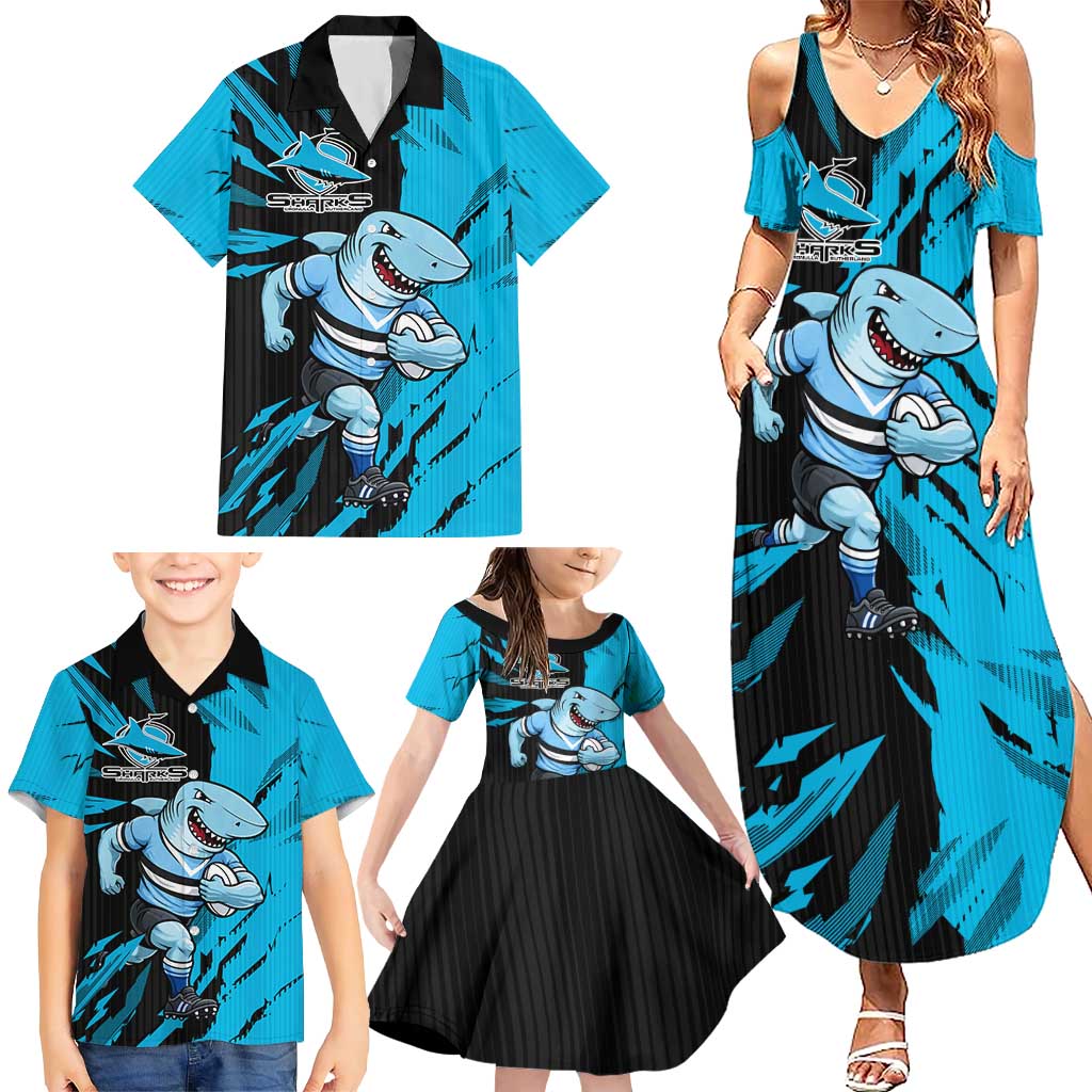 Personalized Cronulla Sharks Family Matching Summer Maxi Dress and Hawaiian Shirt Dynamic Lightning Mascot Rugby Australia
