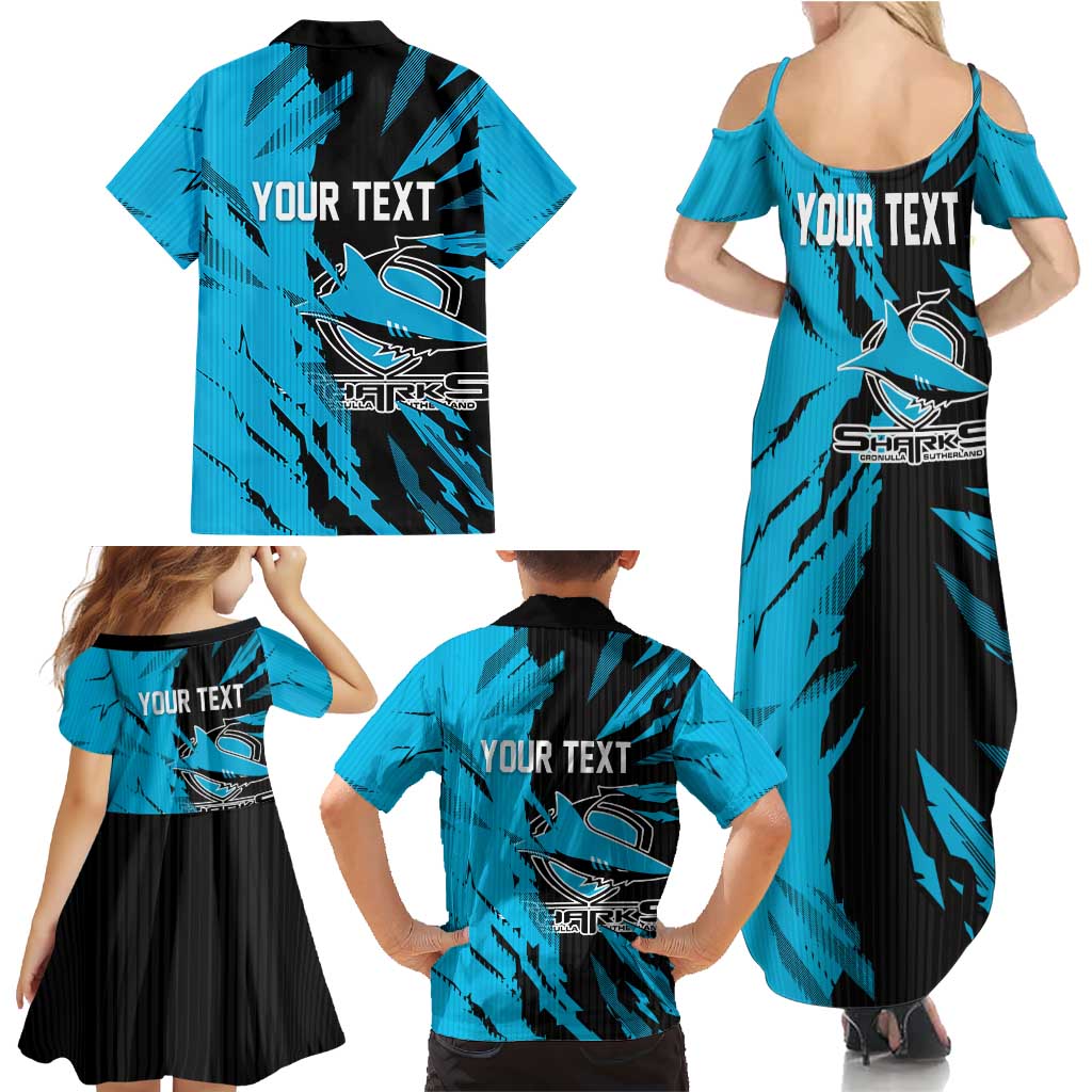Personalized Cronulla Sharks Family Matching Summer Maxi Dress and Hawaiian Shirt Dynamic Lightning Mascot Rugby Australia