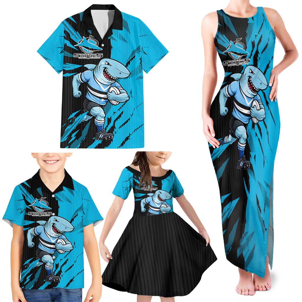 Personalized Cronulla Sharks Family Matching Tank Maxi Dress and Hawaiian Shirt Dynamic Lightning Mascot Rugby Australia