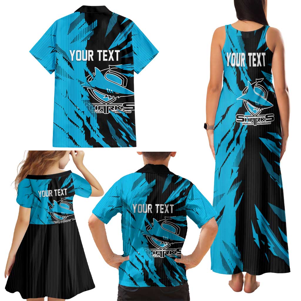 Personalized Cronulla Sharks Family Matching Tank Maxi Dress and Hawaiian Shirt Dynamic Lightning Mascot Rugby Australia