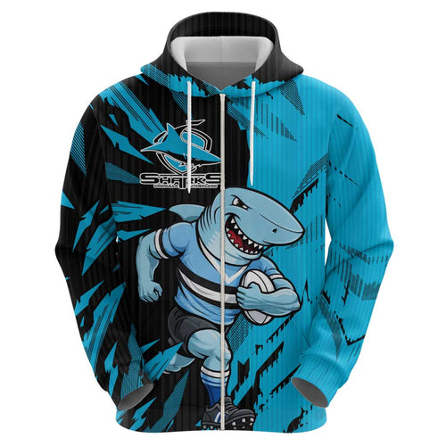 Personalized Cronulla Sharks Hoodie Dynamic Lightning Mascot Rugby Australia