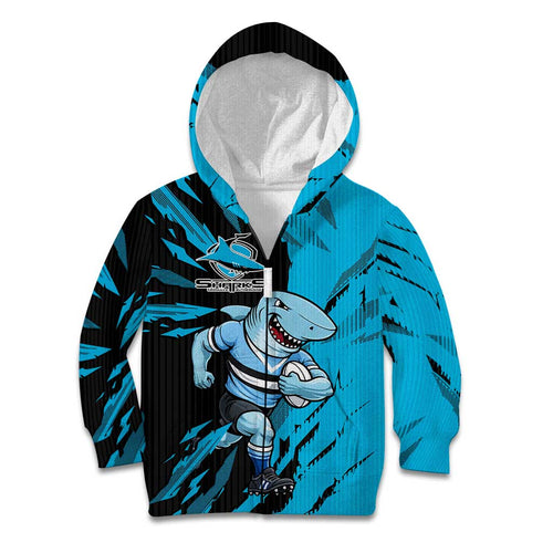 Personalized Cronulla Sharks Kid Hoodie Dynamic Lightning Mascot Rugby Australia