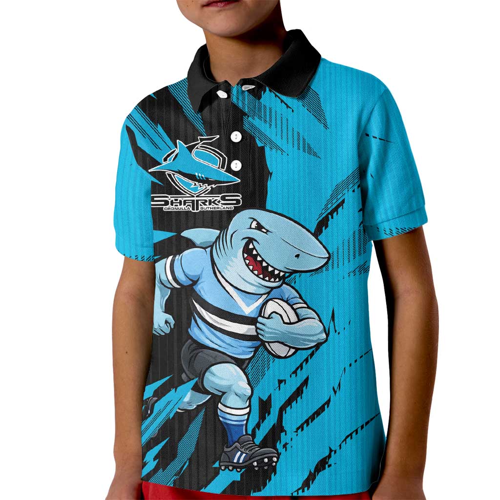 Personalized Cronulla Sharks Kid Polo Shirt Dynamic Lightning Mascot Rugby Australia