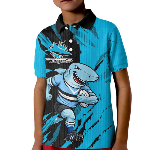 Personalized Cronulla Sharks Kid Polo Shirt Dynamic Lightning Mascot Rugby Australia