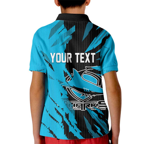 Personalized Cronulla Sharks Kid Polo Shirt Dynamic Lightning Mascot Rugby Australia