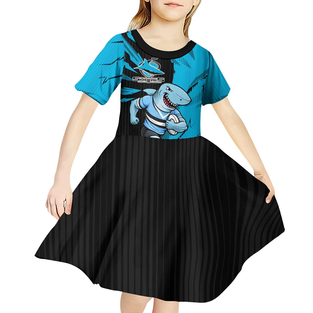 Personalized Cronulla Sharks Kid Short Sleeve Dress Dynamic Lightning Mascot Rugby Australia