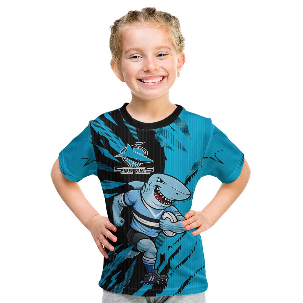 Personalized Cronulla Sharks Kid T Shirt Dynamic Lightning Mascot Rugby Australia