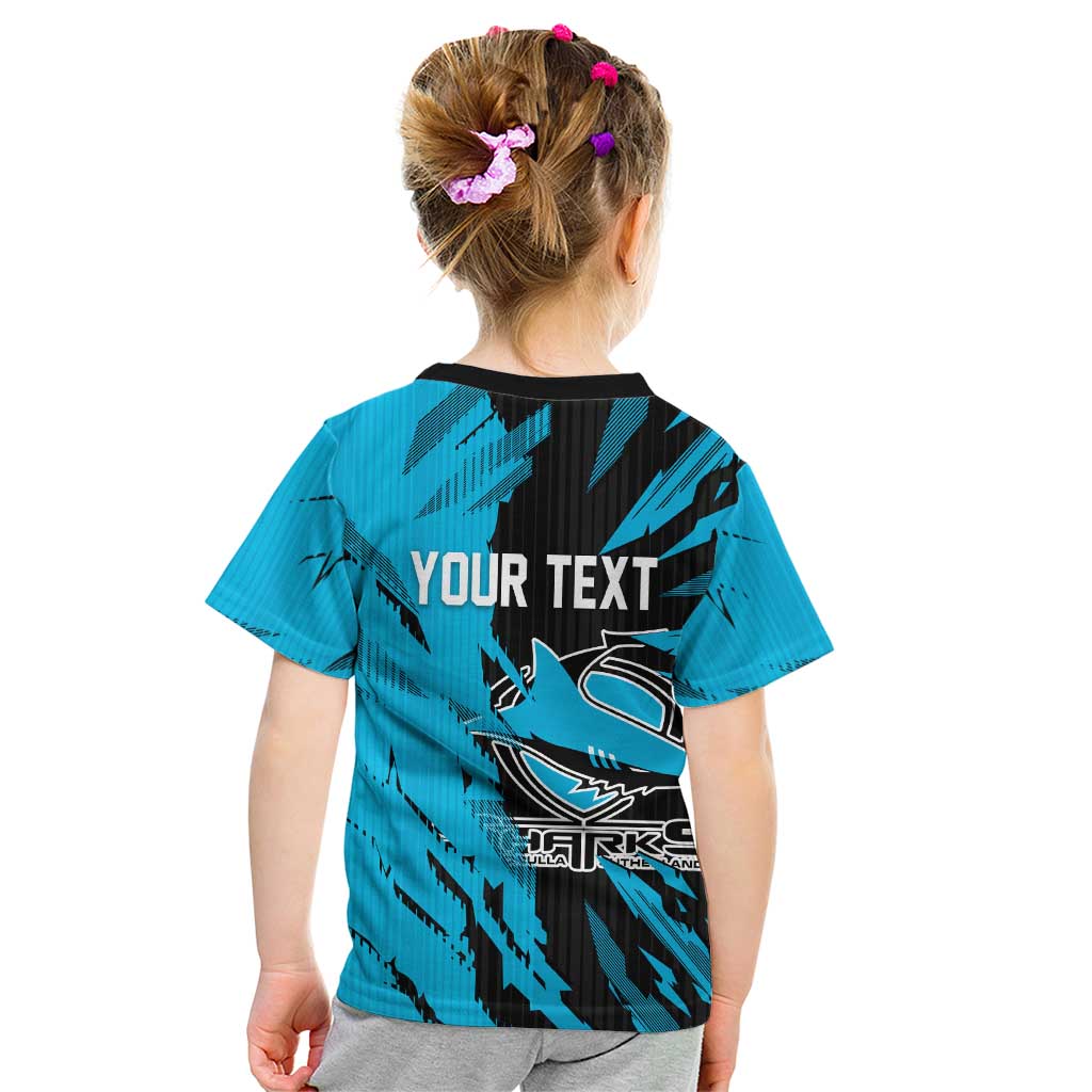 Personalized Cronulla Sharks Kid T Shirt Dynamic Lightning Mascot Rugby Australia