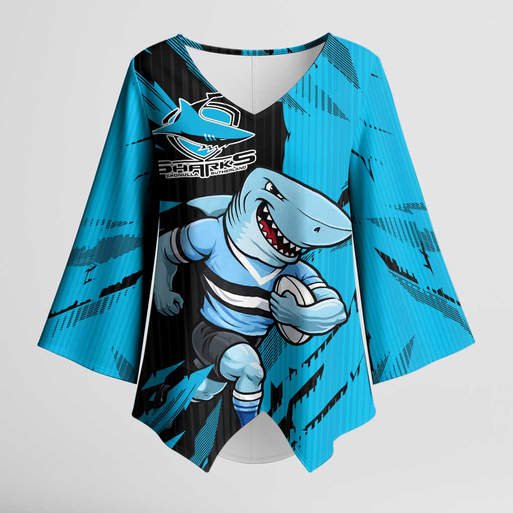 Personalized Cronulla Sharks Kimono Sleeve Blouse Dynamic Lightning Mascot Rugby Australia