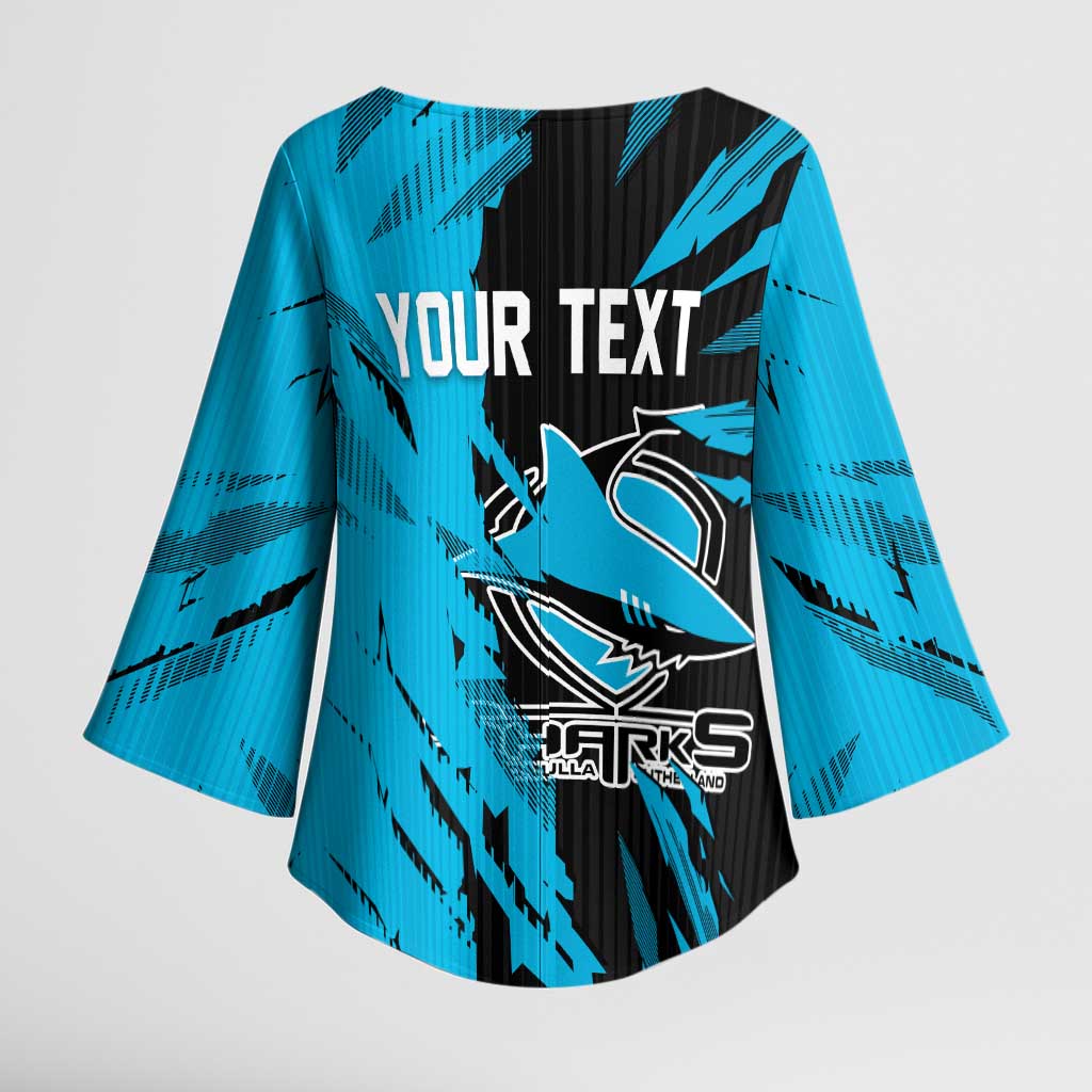 Personalized Cronulla Sharks Kimono Sleeve Blouse Dynamic Lightning Mascot Rugby Australia
