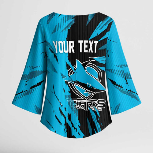 Personalized Cronulla Sharks Kimono Sleeve Blouse Dynamic Lightning Mascot Rugby Australia