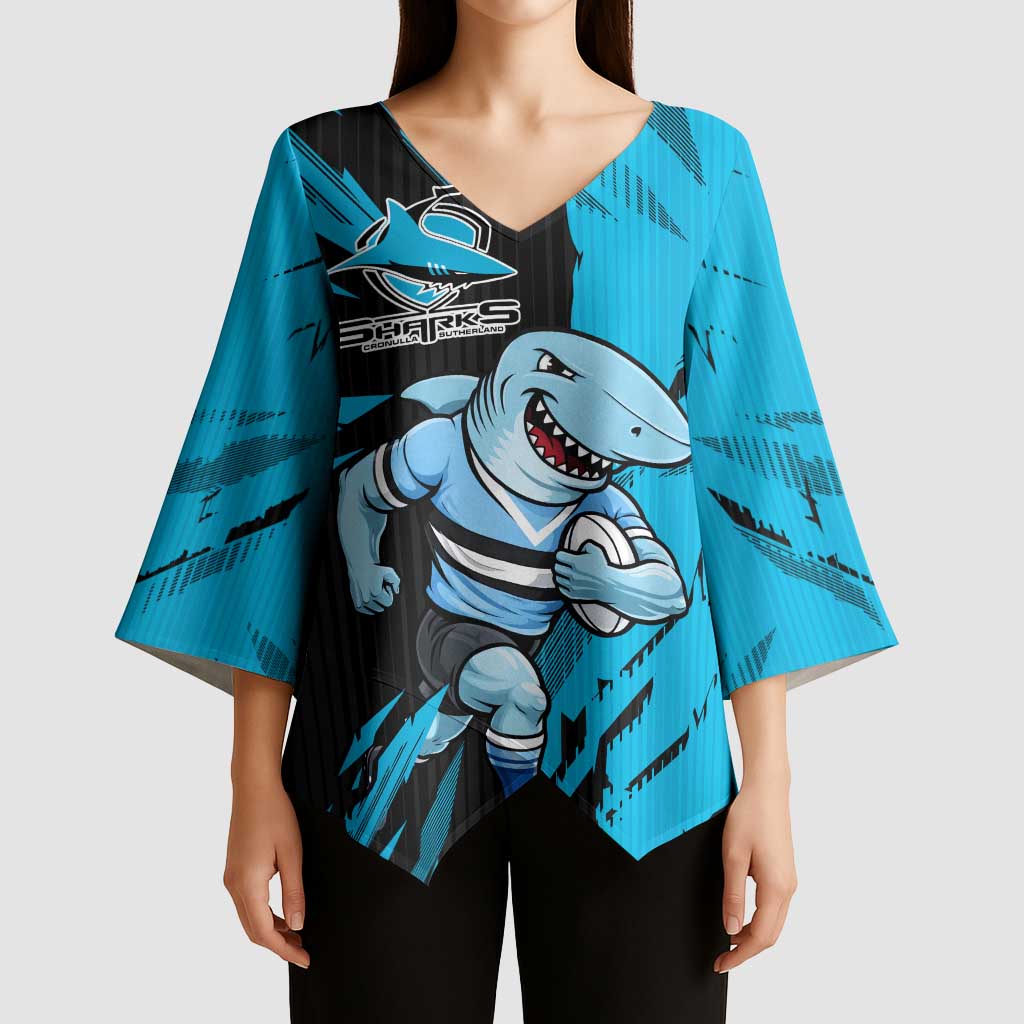 Personalized Cronulla Sharks Kimono Sleeve Blouse Dynamic Lightning Mascot Rugby Australia
