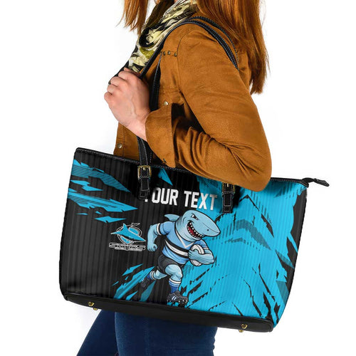 Personalized Cronulla Sharks Leather Tote Bag Dynamic Lightning Mascot Rugby Australia