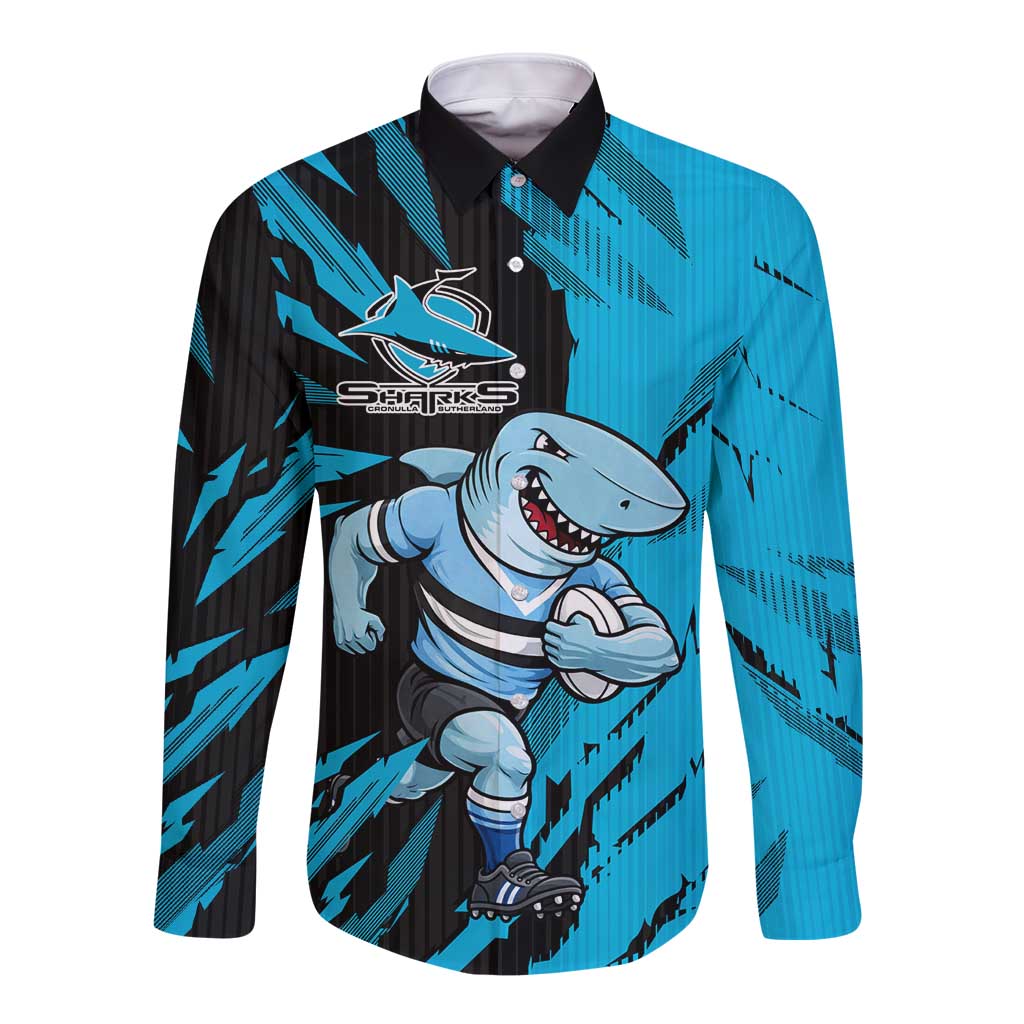 Personalized Cronulla Sharks Long Sleeve Button Shirt Dynamic Lightning Mascot Rugby Australia