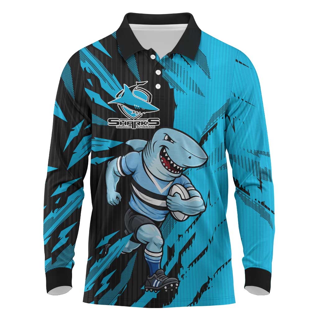 Personalized Cronulla Sharks Long Sleeve Polo Shirt Dynamic Lightning Mascot Rugby Australia