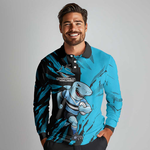 Personalized Cronulla Sharks Long Sleeve Polo Shirt Dynamic Lightning Mascot Rugby Australia