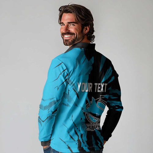 Personalized Cronulla Sharks Long Sleeve Polo Shirt Dynamic Lightning Mascot Rugby Australia