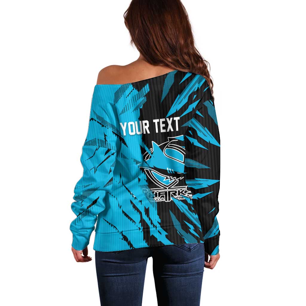 Personalized Cronulla Sharks Off Shoulder Sweater Dynamic Lightning Mascot Rugby Australia