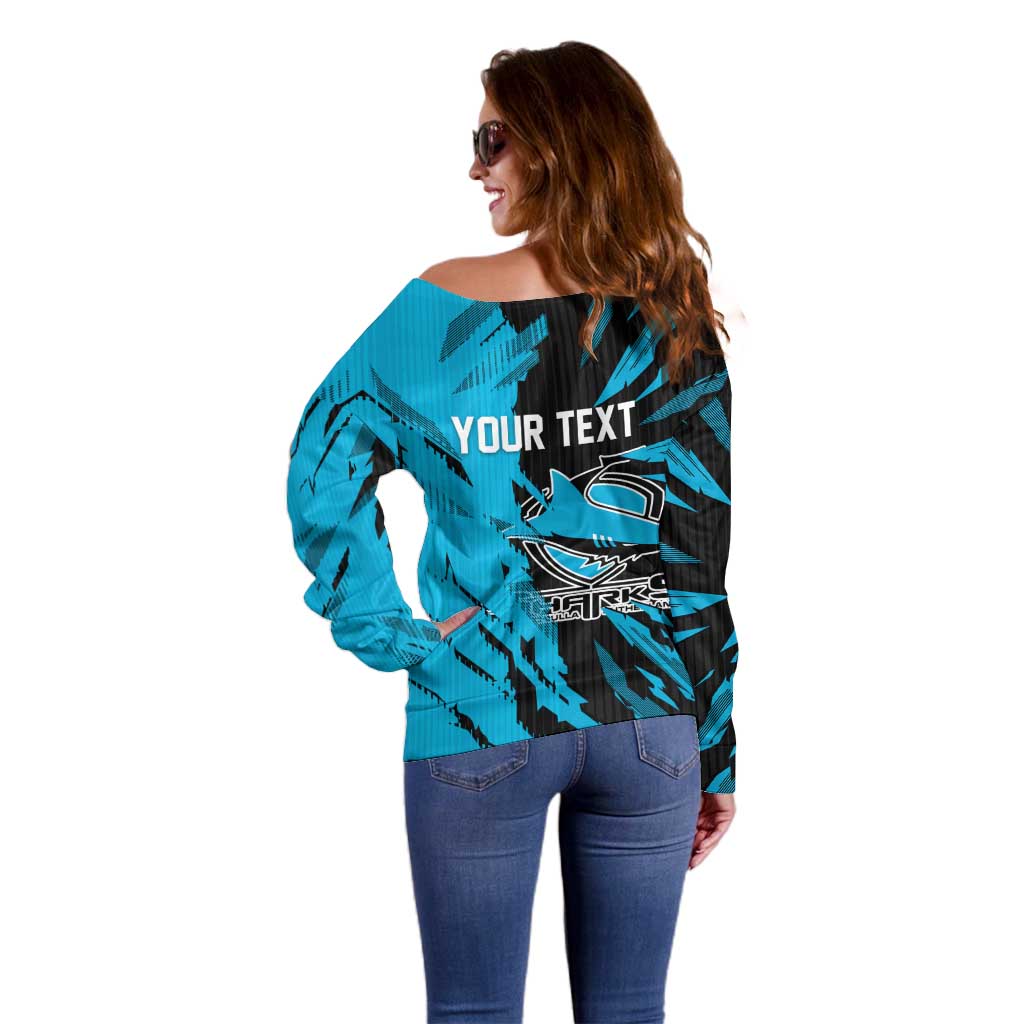 Personalized Cronulla Sharks Off Shoulder Sweater Dynamic Lightning Mascot Rugby Australia
