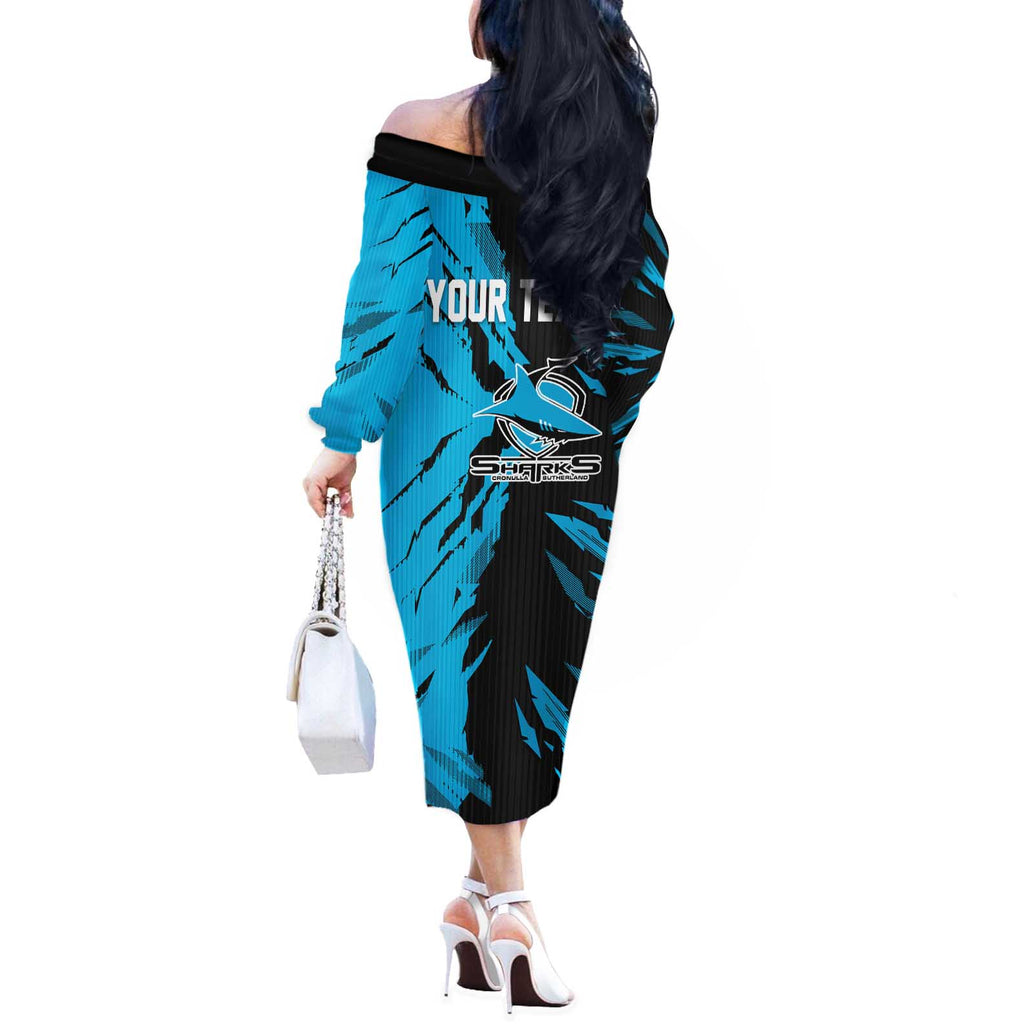 Personalized Cronulla Sharks Off The Shoulder Long Sleeve Dress Dynamic Lightning Mascot Rugby Australia