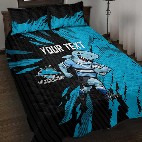 Personalized Cronulla Sharks Quilt Bed Set Dynamic Lightning Mascot Rugby Australia