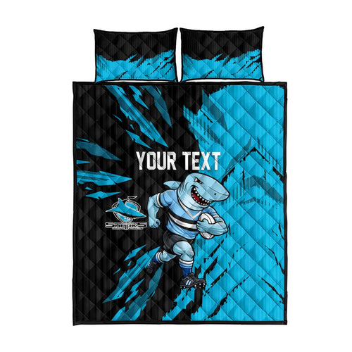 Personalized Cronulla Sharks Quilt Bed Set Dynamic Lightning Mascot Rugby Australia